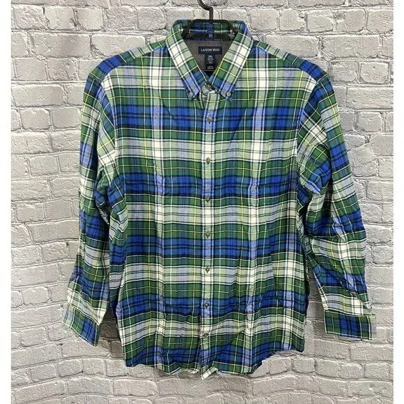 Lands' End Mens Flannel Shirt Traditional Fit 2XL Tall 18-18 1/2 NEW Green Blue - Picture 1 of 4